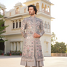 Gray Silk Embroidered Floral and Bird Pattern Sherwani - Bharat Reshma