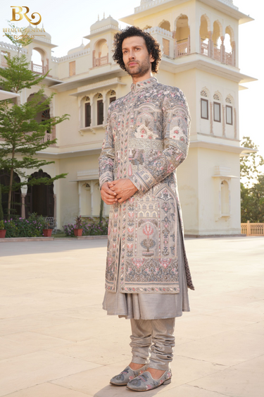Gray Silk Embroidered Floral and Bird Pattern Sherwani - Bharat Reshma