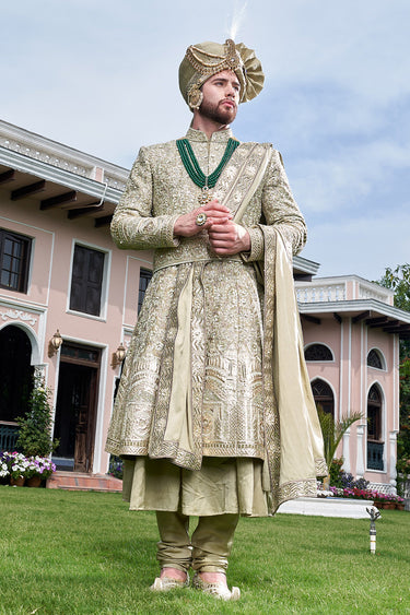 Designer Embroidered Green Sherwani for Groom - Bharat Reshma