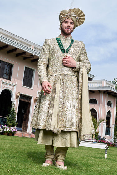 Designer Embroidered Green Sherwani for Groom - Bharat Reshma