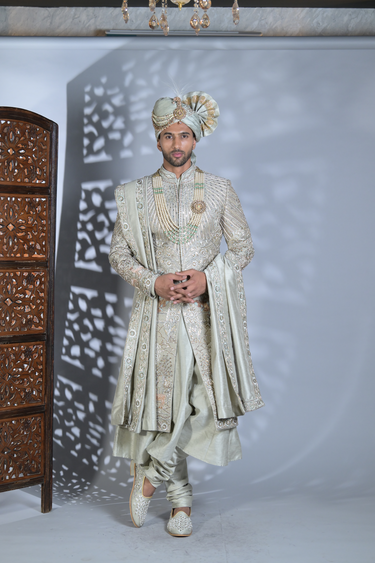 Green Heavy Embroidered Sherwani Set with Matching Churidar - Bharat Reshma