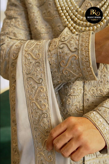 Designer Grey Silk Wedding Sherwani for Men - Bharat Reshma