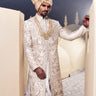 Ivory Silk Embroidery Thread Flower Sherwani Set - Bharat Reshma