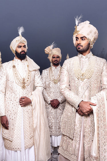 Ivory Silk Embroidery Thread Flower Sherwani Set - Bharat Reshma