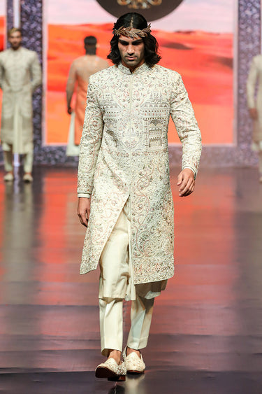 Zari, Dabka, Resham Embroidered Silk Sherwani - Bharat Reshma