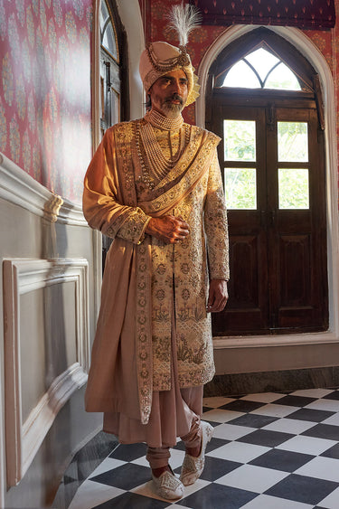 Designer Embroidered Peach Sherwani Set Men - Bharat Reshma
