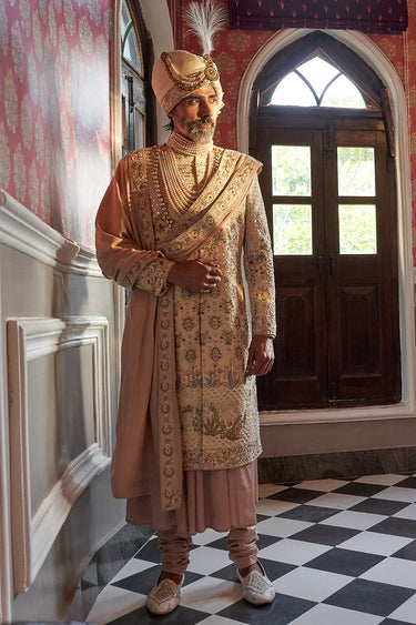 Designer Embroidered Peach Sherwani Set Men - Bharat Reshma
