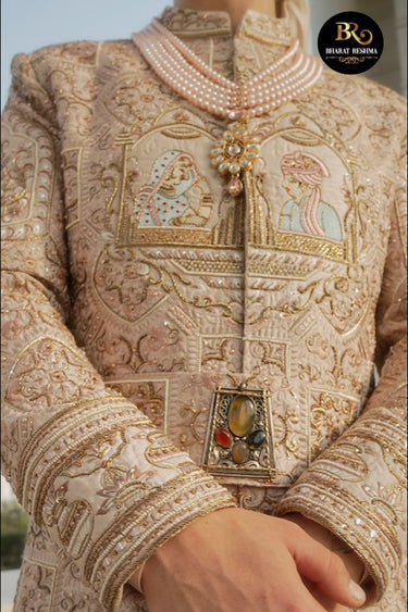 Linen Hand Embroidered Sherwani for Men - Bharat Reshma