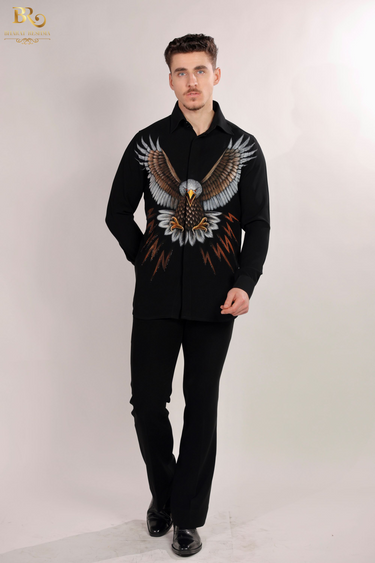 Designer Black Full Sleeve Shirt with Hand-Painted Eagle - Bharat Reshma