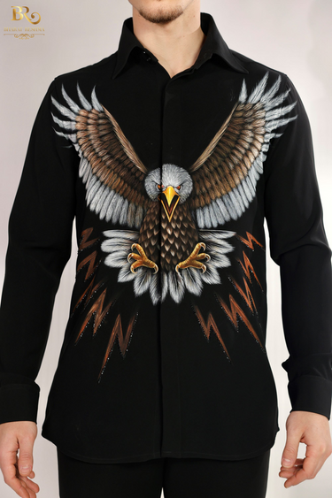 Designer Black Full Sleeve Shirt with Hand-Painted Eagle - Bharat Reshma