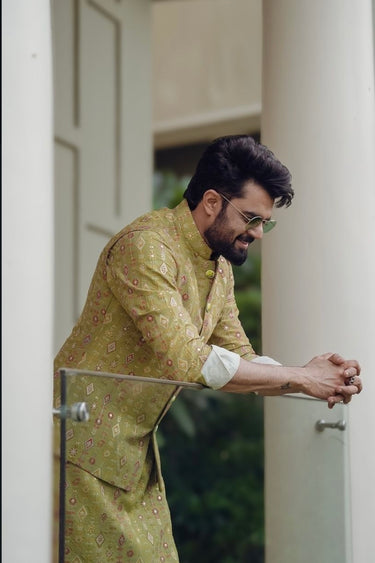 Manish Paul in Our Mustard Cotton Printed Floral Kurta Set - Bharat Reshma