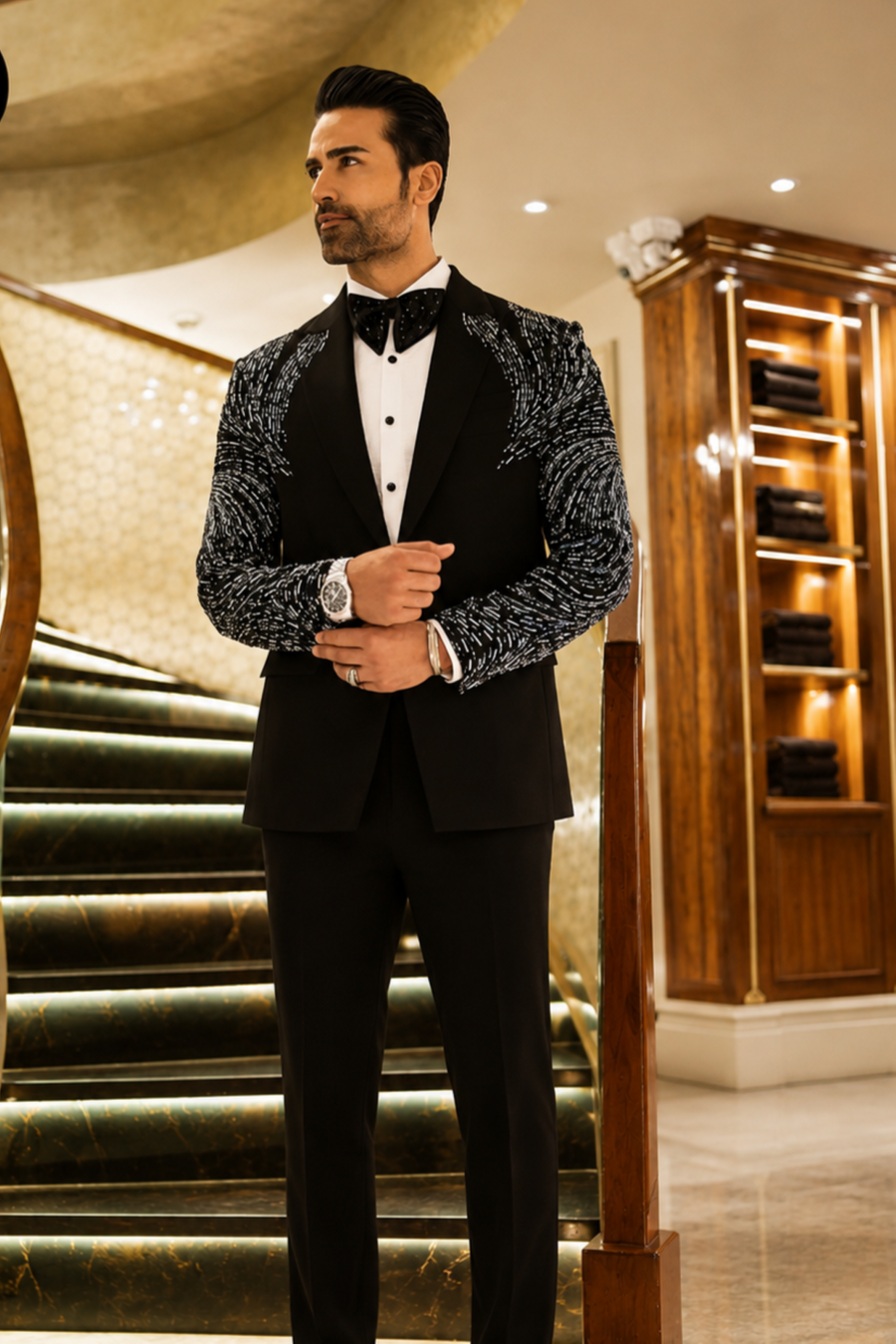 Black tuxedo with cutdana embellishment