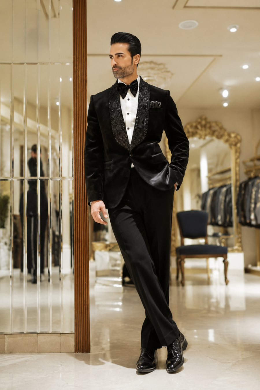 Black Velvet tuxedo with collar embellishment