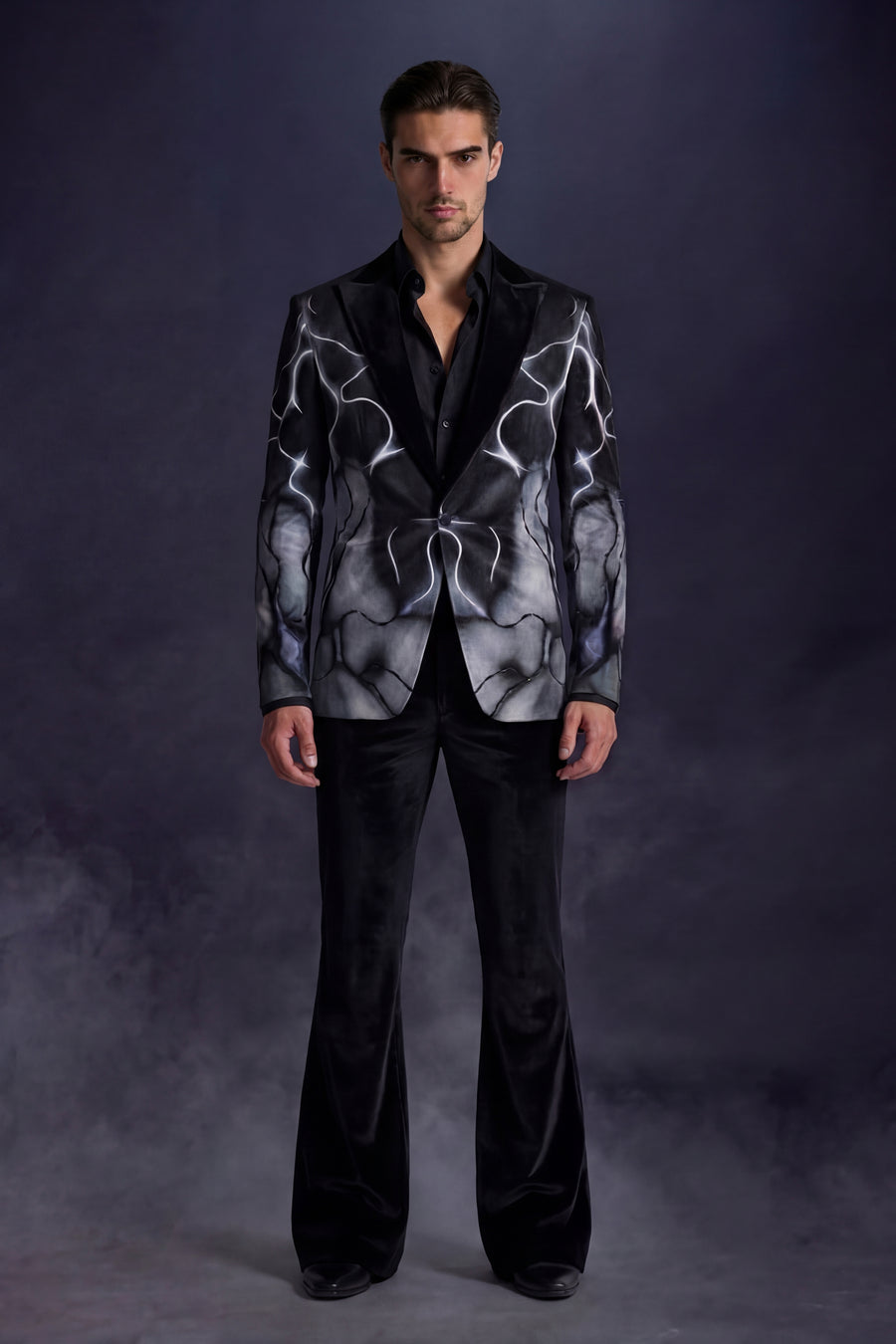 Designer Black Velvet Tuxedo with Artistic Print
