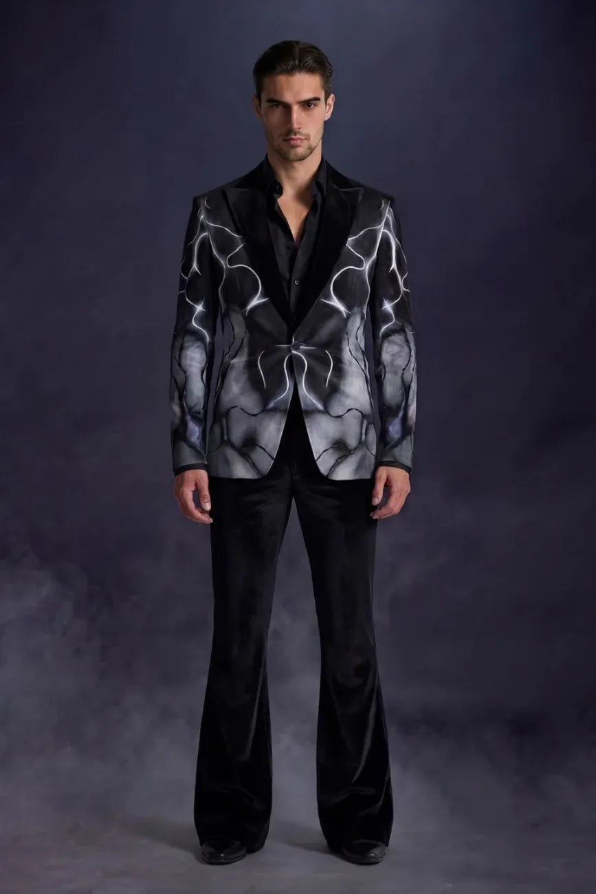 Designer Black Velvet Tuxedo with Artistic Print
