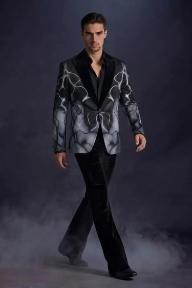 Designer Black Velvet Tuxedo with Artistic Print