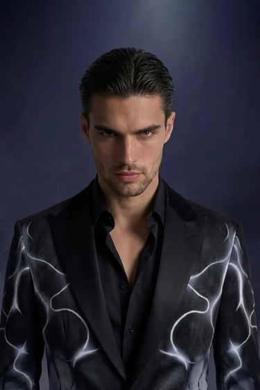 Designer Black Velvet Tuxedo with Artistic Print