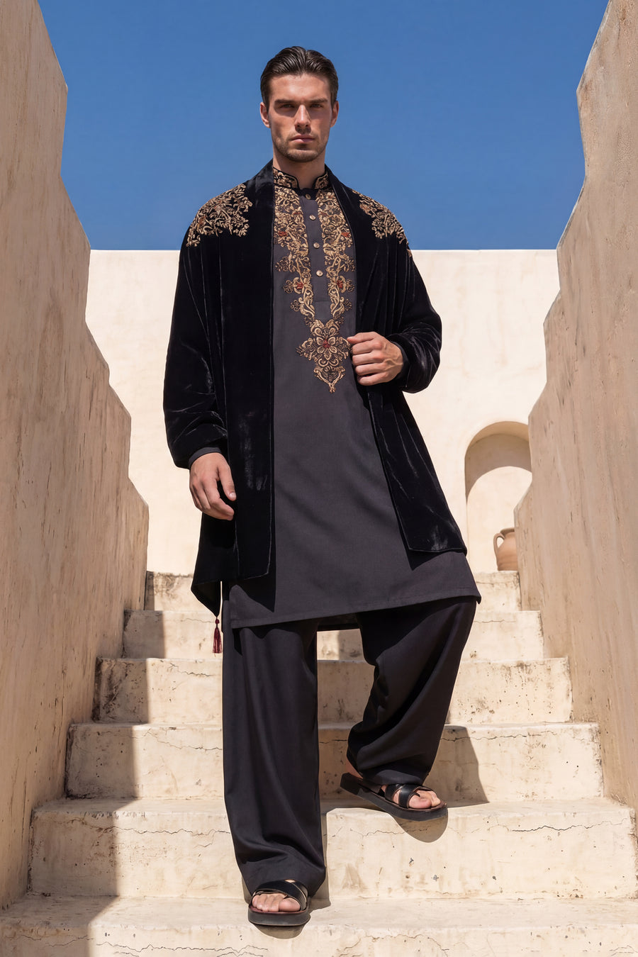 Black Designer Kurta Set with Velvet Stole