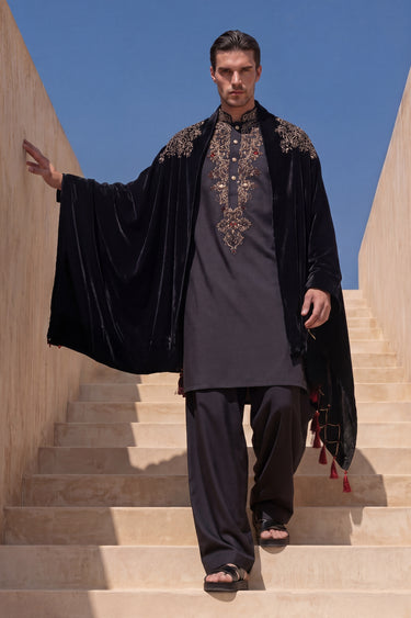 Black Designer Kurta Set with Velvet Stole