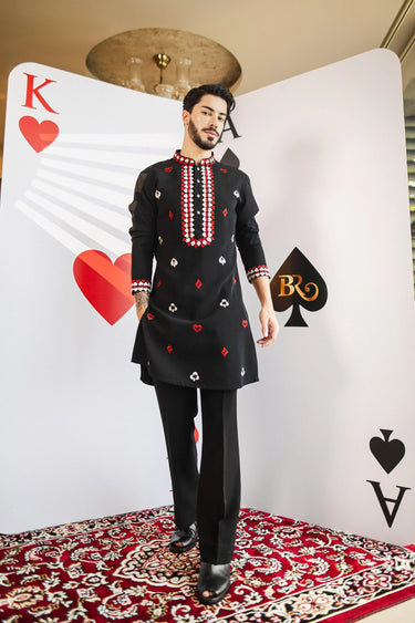 Lucky Card Black Kurta – Magna Fabric with Red & White Embroidery - Bharat Reshma