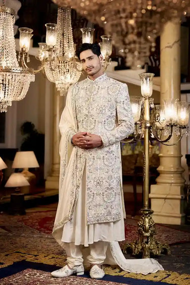Off-White Raw Silk Sherwani with Digital Print & Hand Embroidery