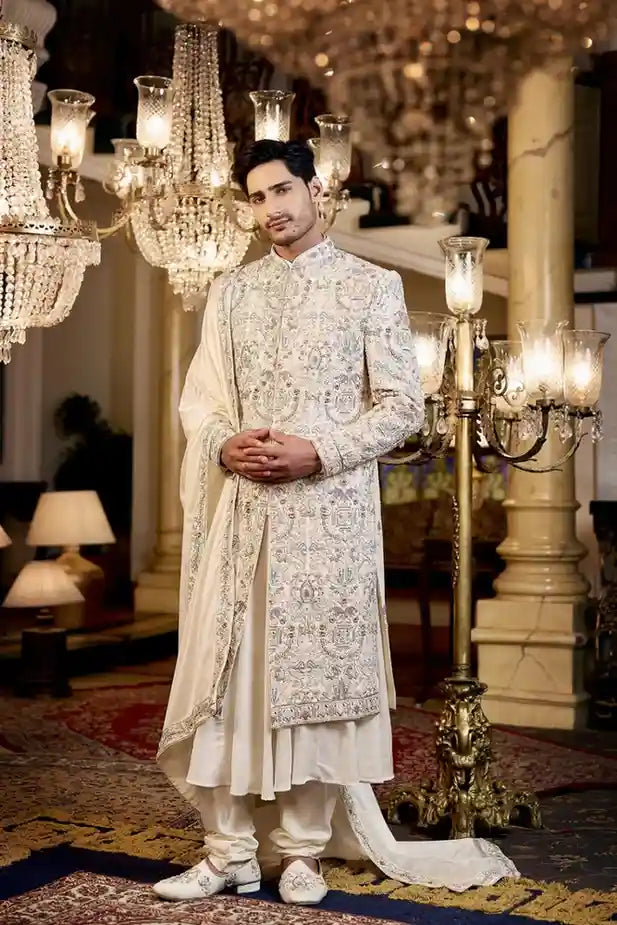 Off-White Raw Silk Sherwani with Digital Print & Hand Embroidery