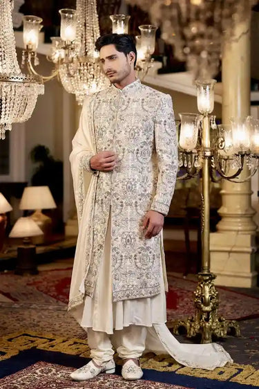 Off-White Raw Silk Sherwani with Digital Print & Hand Embroidery