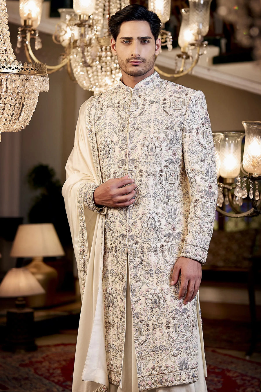 Off-White Raw Silk Sherwani with Digital Print & Hand Embroidery