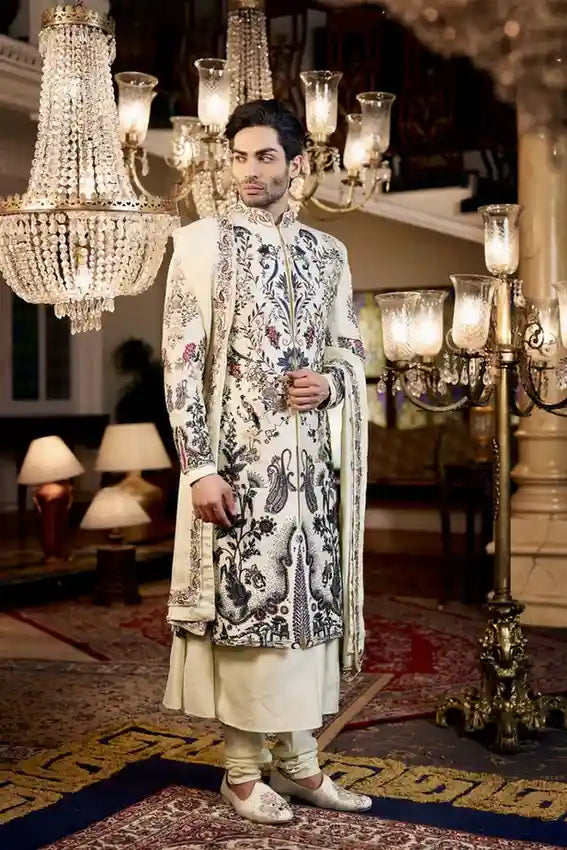 White Raw Silk Anarkali Kurta with Multicolor Digital Print Sherwani Set