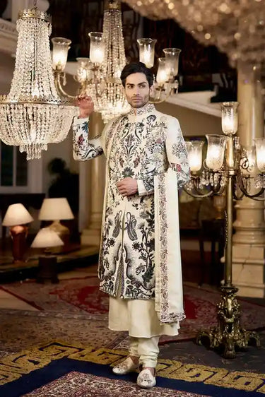 White Raw Silk Anarkali Kurta with Multicolor Digital Print Sherwani Set