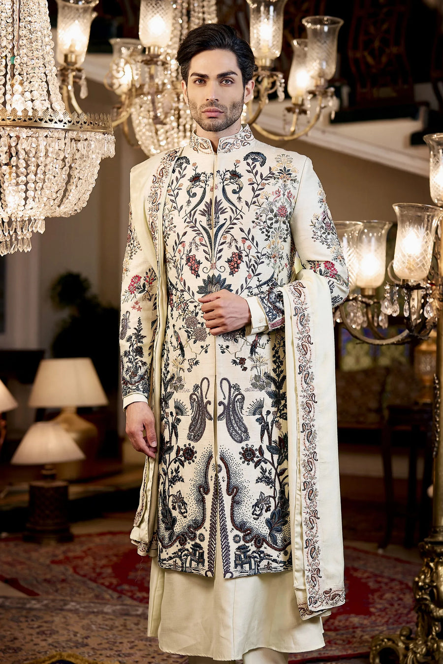 White Raw Silk Anarkali Kurta with Multicolor Digital Print Sherwani Set