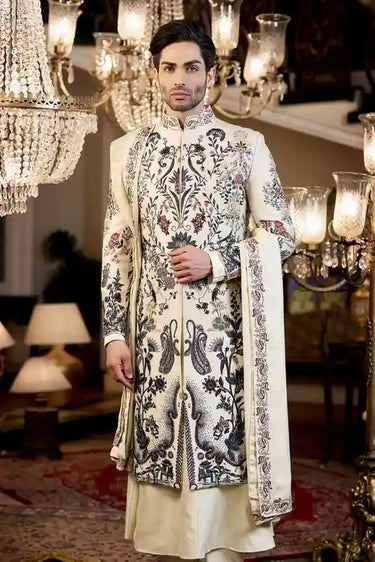White Raw Silk Anarkali Kurta with Multicolor Digital Print Sherwani Set