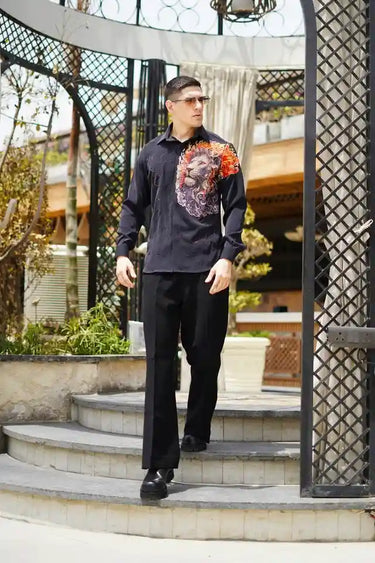 Designer Black Japanese Embroidery Cutdana Lion Face Shirt