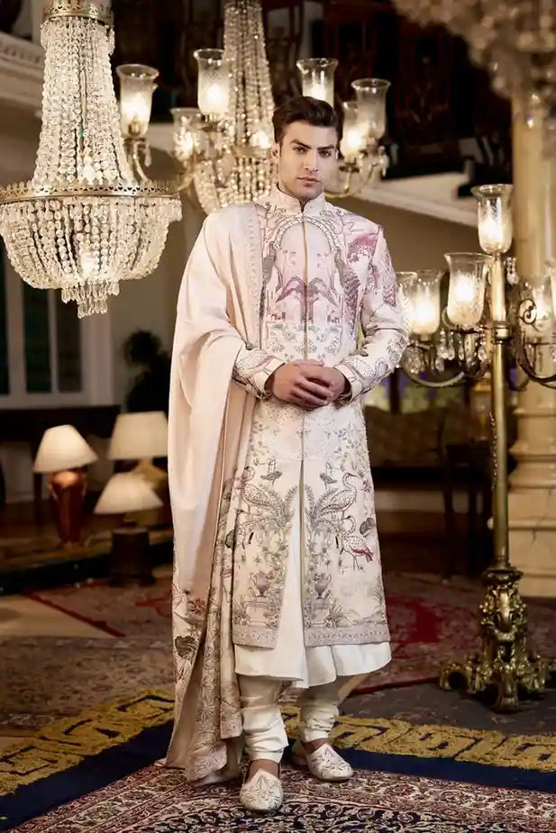 Peach Silk Sherwani with Digital Print & Hand Peacock Zari Work
