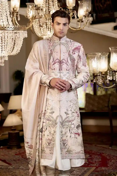 Peach Silk Sherwani with Digital Print & Hand Peacock Zari Work