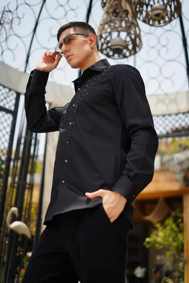 Designer black shirt with Moti and studs embroider