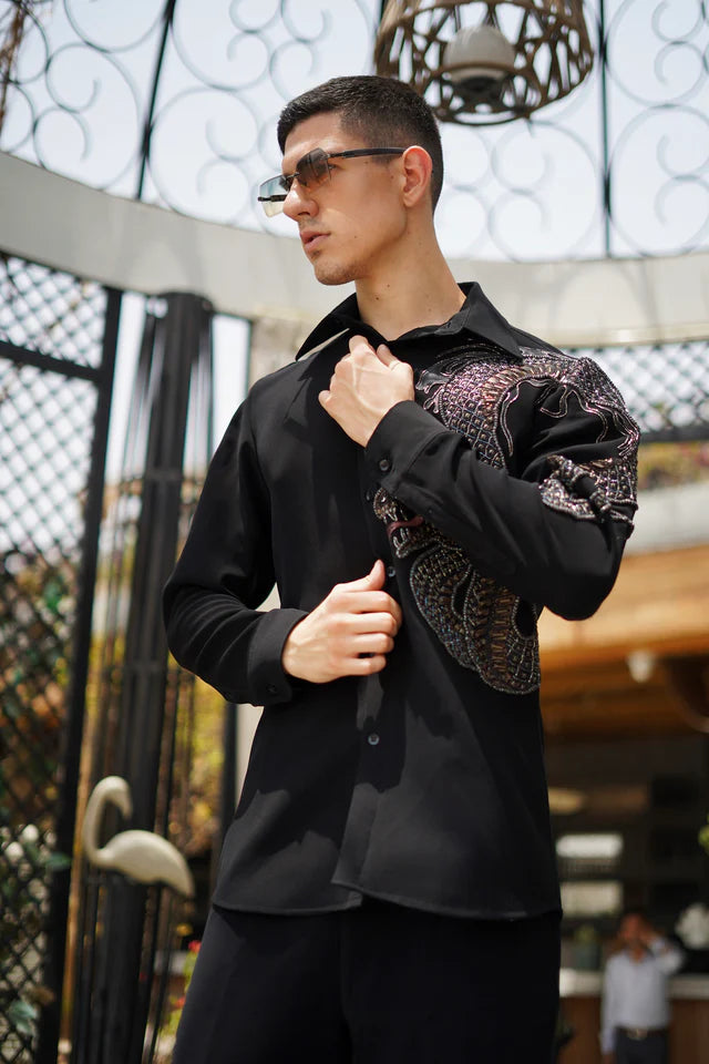 Designer Black Shirt with hand Embroidered snake