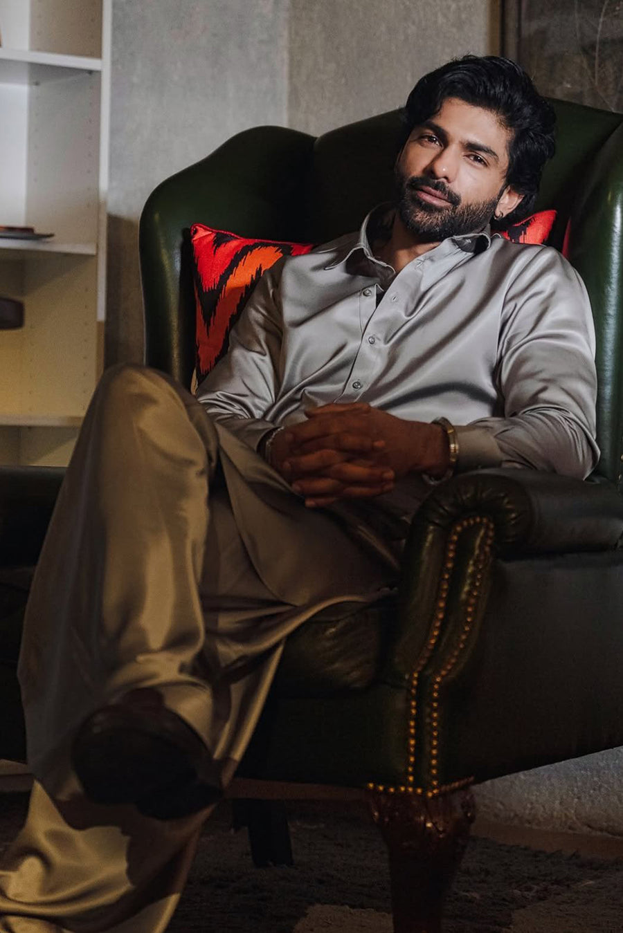 Taaha Shah in Grey Satin Kurta Set