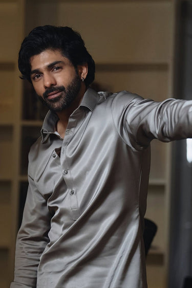 Taaha Shah in Grey Satin Kurta Set