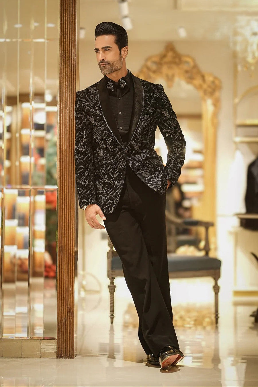 Black tuxedo with Sequence and Dori embellishment