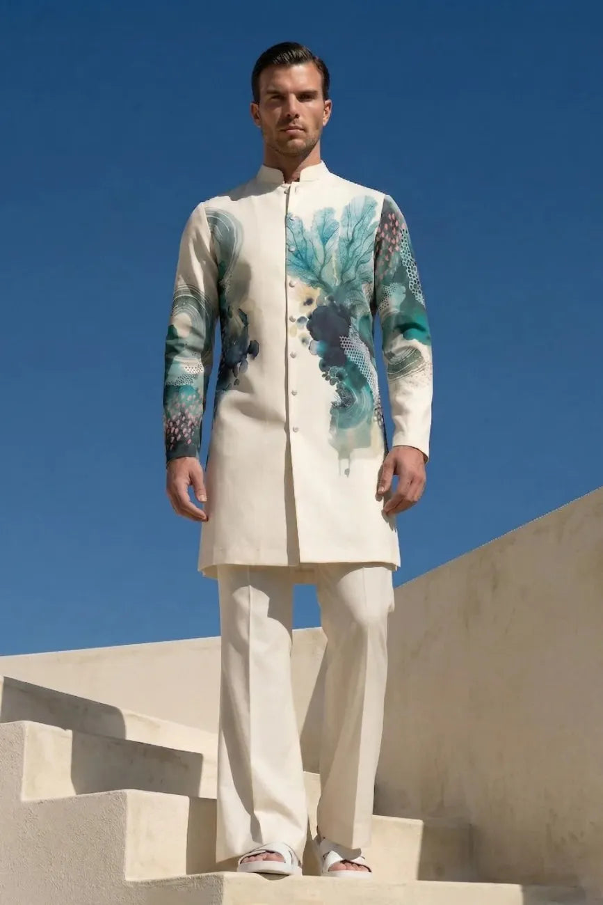 Ivory Indo-Western Set with Oceanic Blue Digital Print