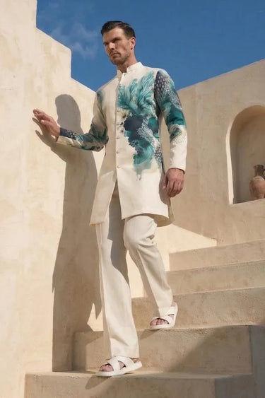 Ivory Indo-Western Set with Oceanic Blue Digital Print